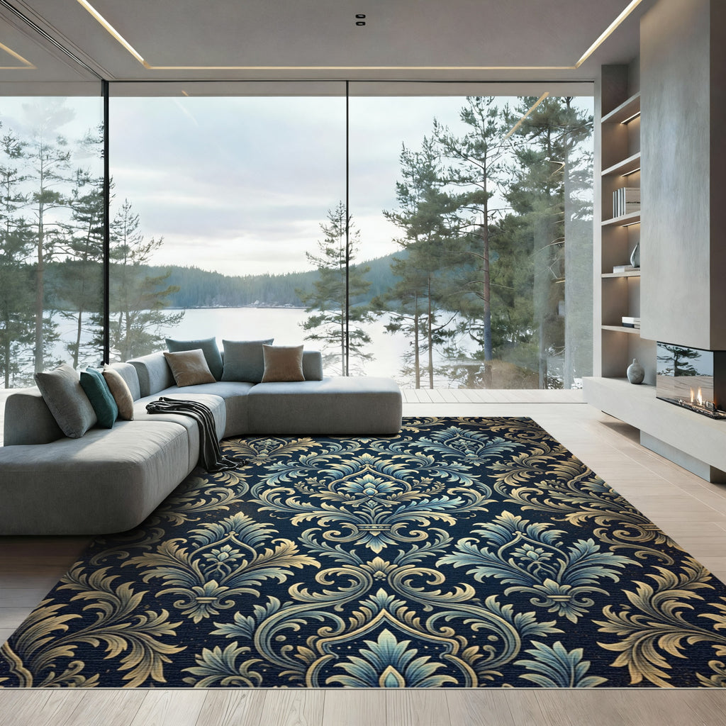 Deep Blue Golden Floral Damask Rug