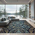 Deep Blue Golden Floral Damask Rug