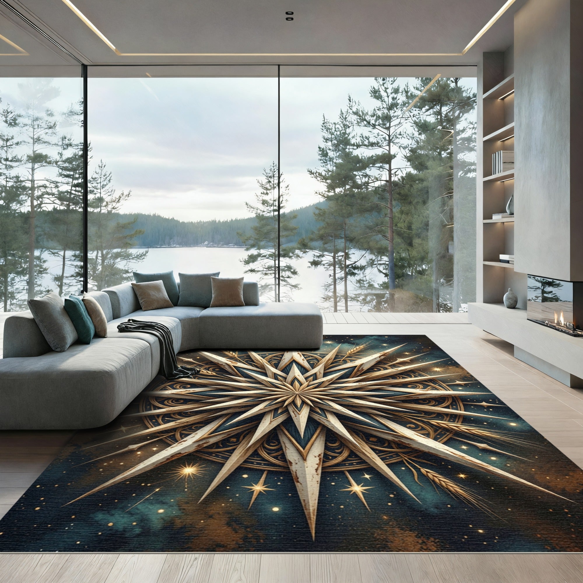 Celestial Golden Star Wheat Medallion Rug