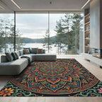Intricate Teal and Golden Sunburst Mandala Rug