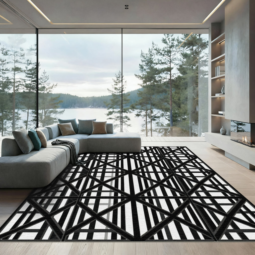 Monochromatic Black White Geometric Grid Rug