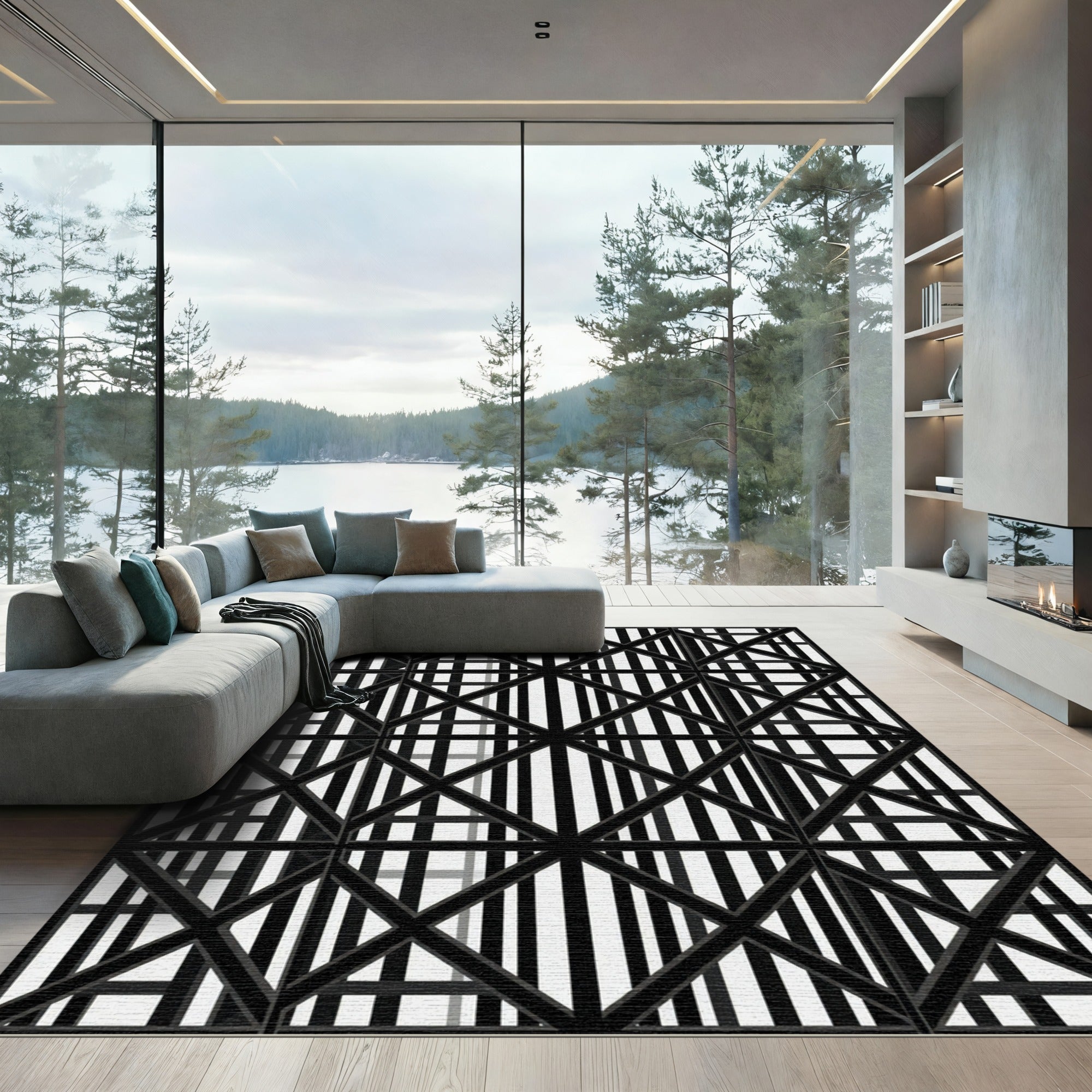 Monochromatic Black White Geometric Grid Rug