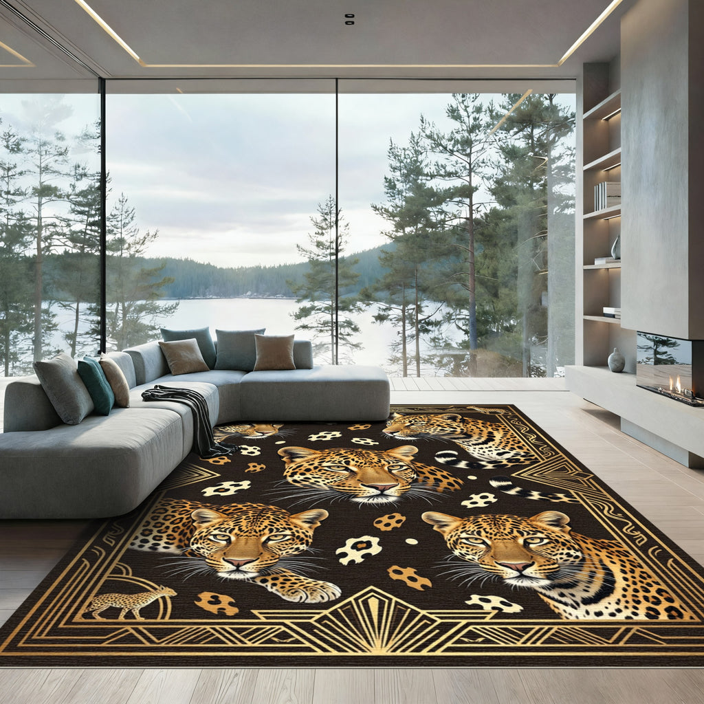 Art Deco Golden Leopard Portrait Rug