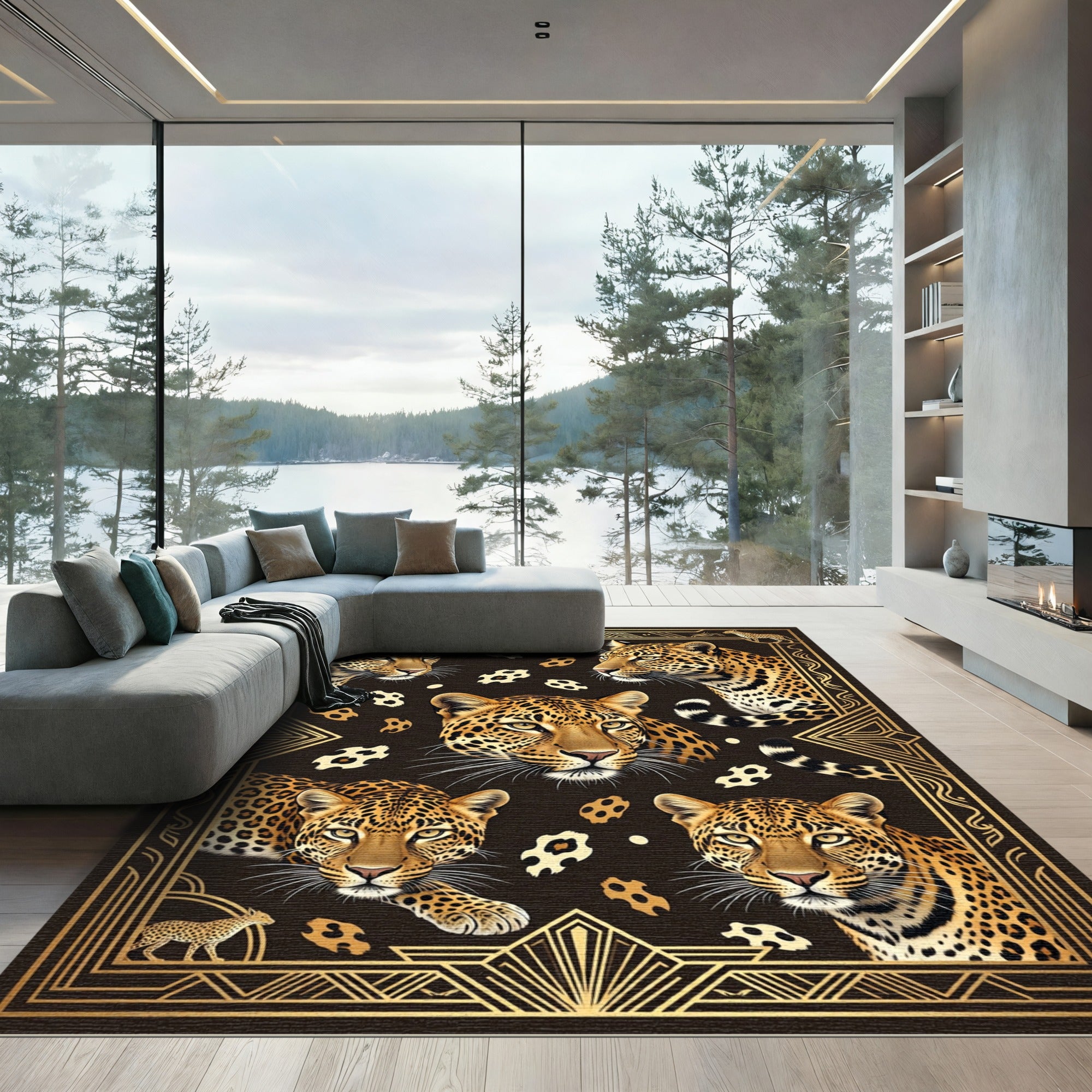 Art Deco Golden Leopard Portrait Rug