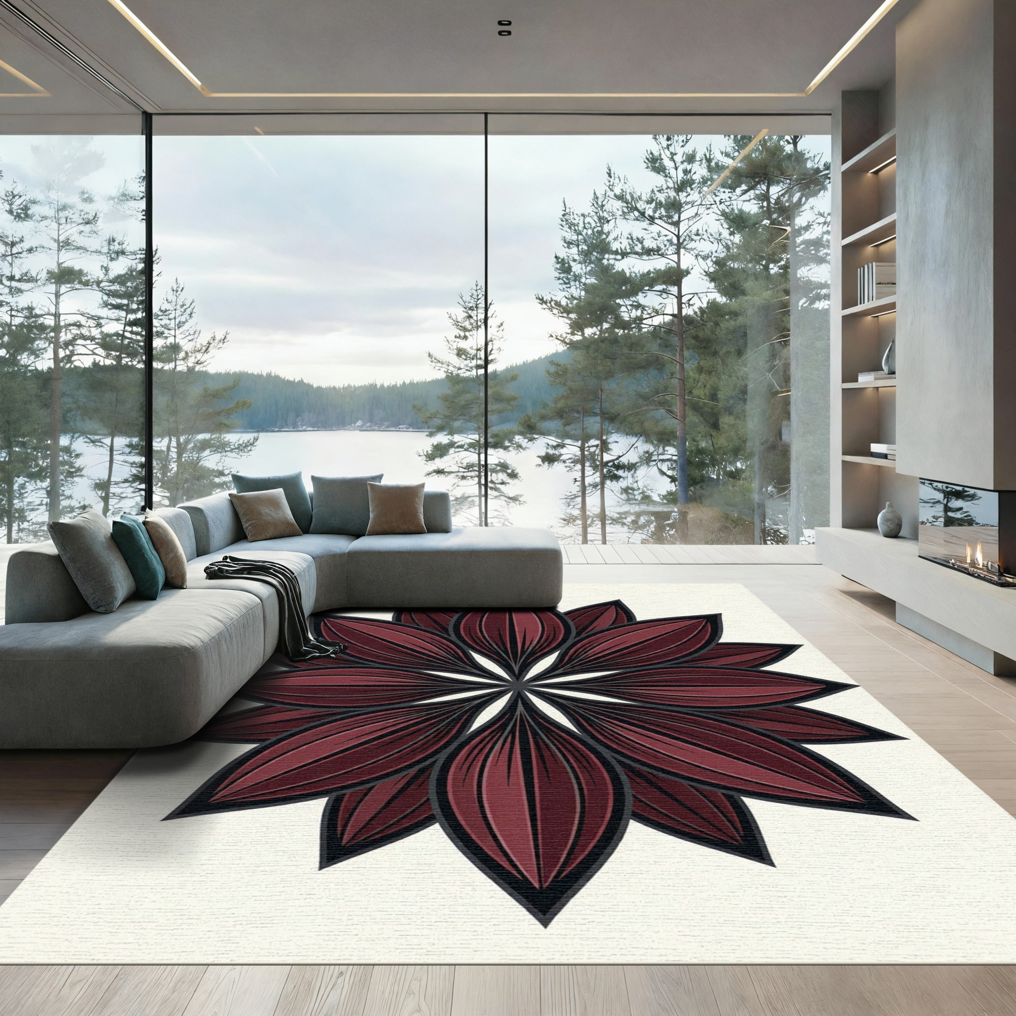 Dark Maroon Symmetrical Petal Mandala Rug