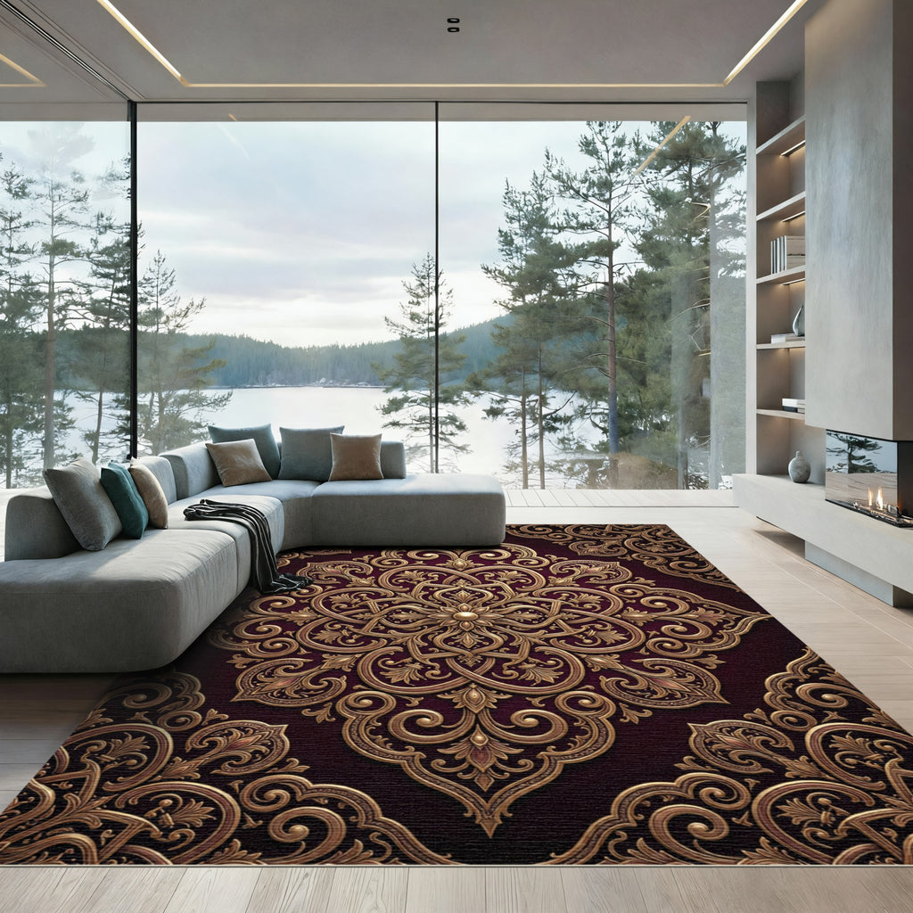 Ornate Gold Embossed Floral Medallion Rug
