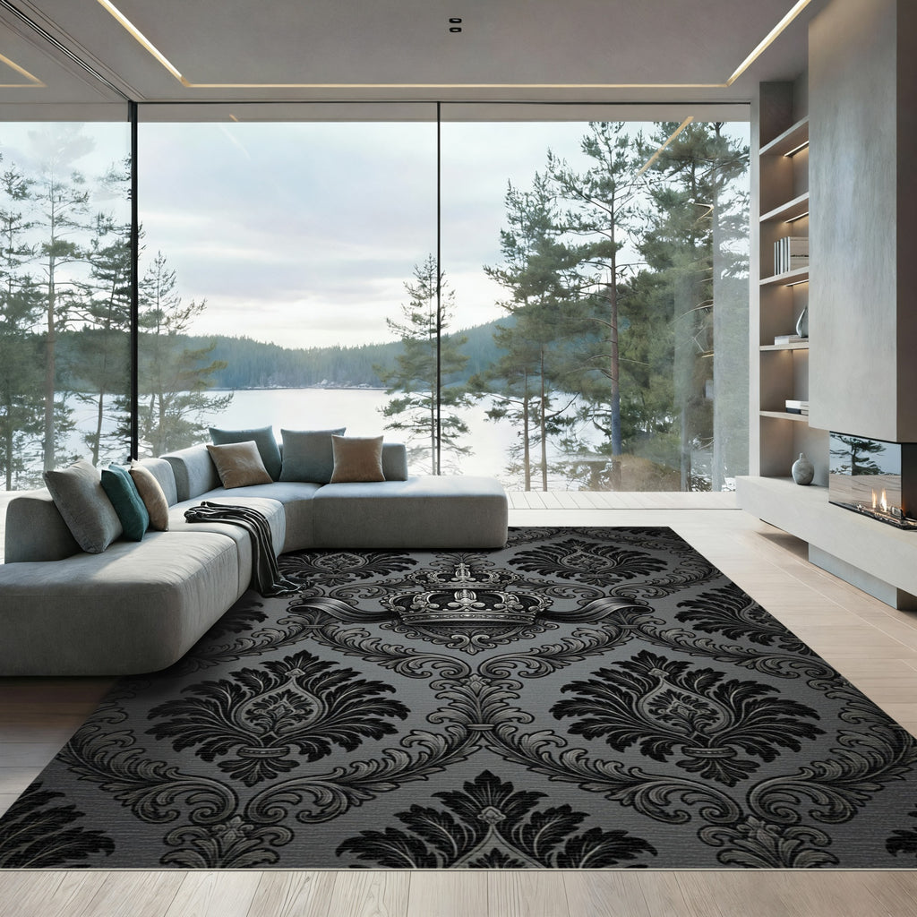 Elegant Black Crown Damask Rug