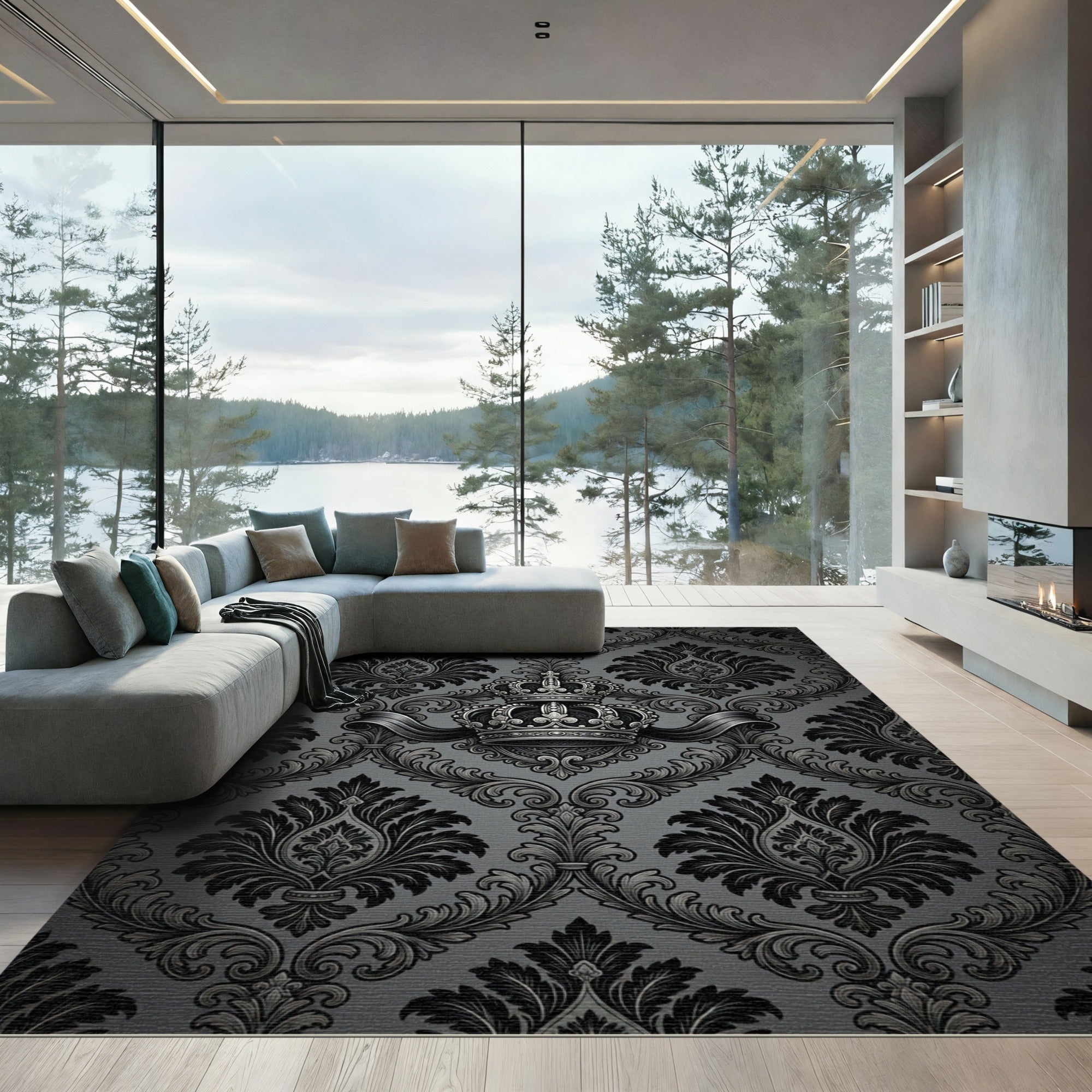 Elegant Black Crown Damask Rug