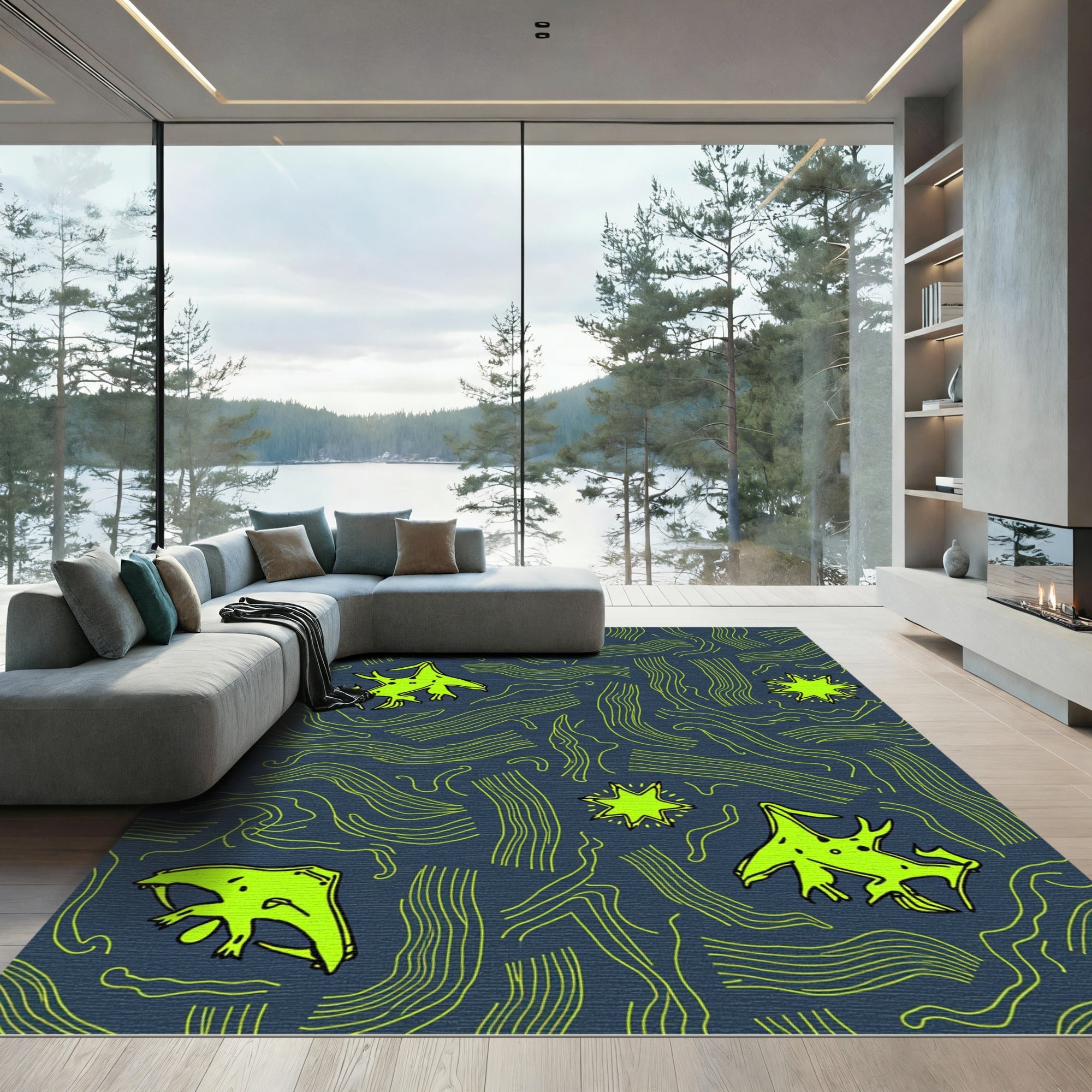 Neon Green Alien Swirls Rug
