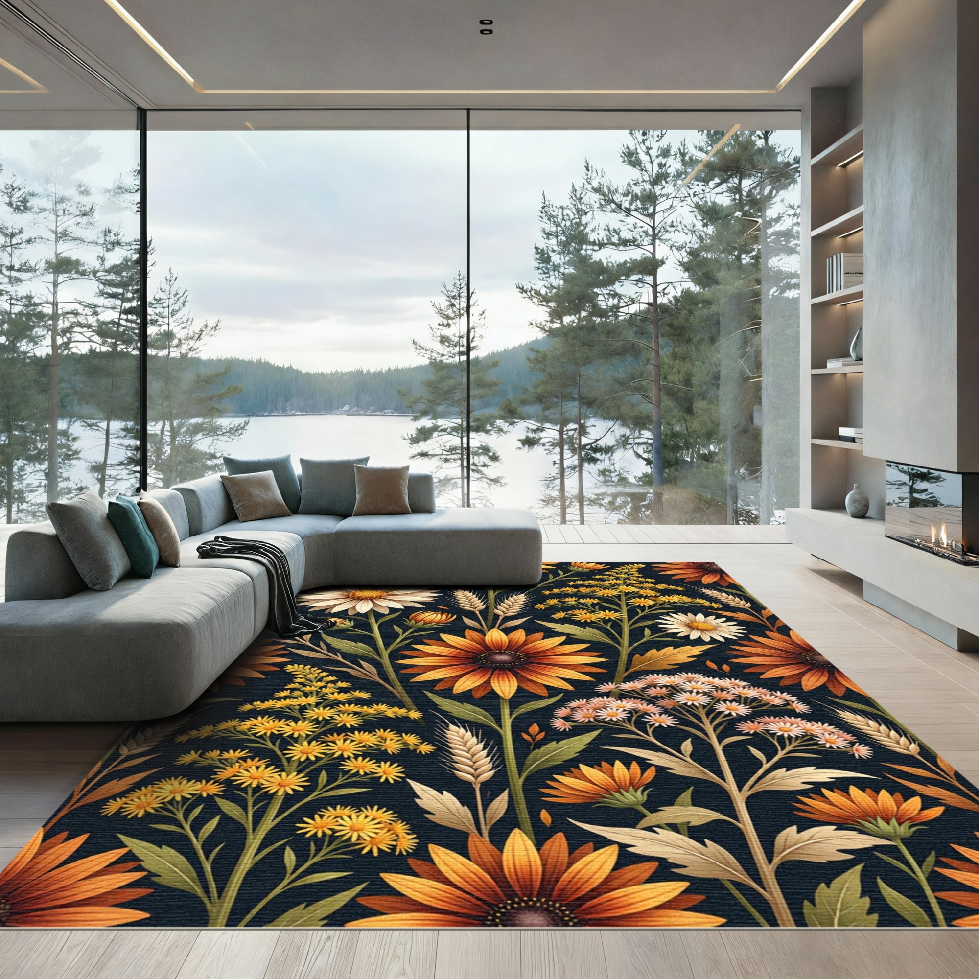 Golden Harvest Sunflower Meadow Floral Rug