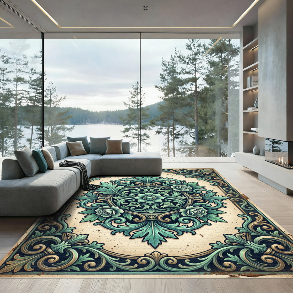 Vintage Teal Floral Damask Medallion Rug