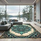 Vintage Teal Floral Damask Medallion Rug