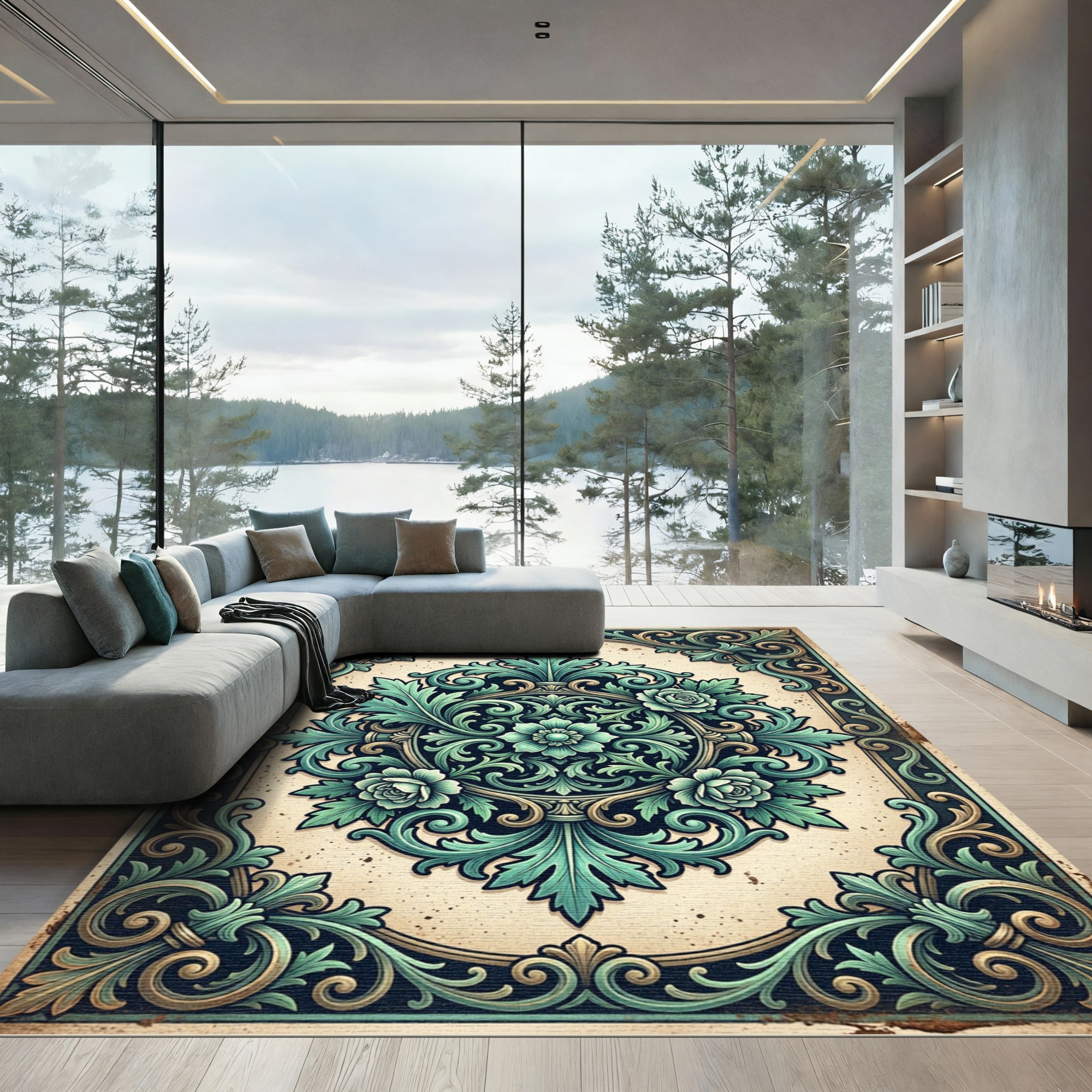 Vintage Teal Floral Damask Medallion Rug