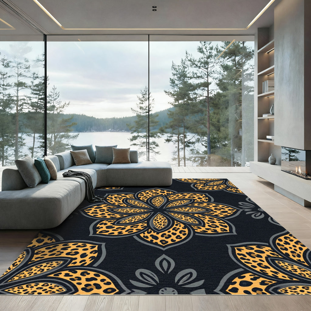 Golden Leopard Floral Mandala Rug