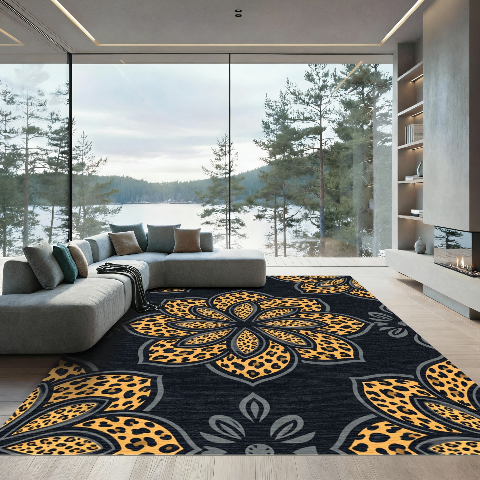 Golden Leopard Floral Mandala Rug