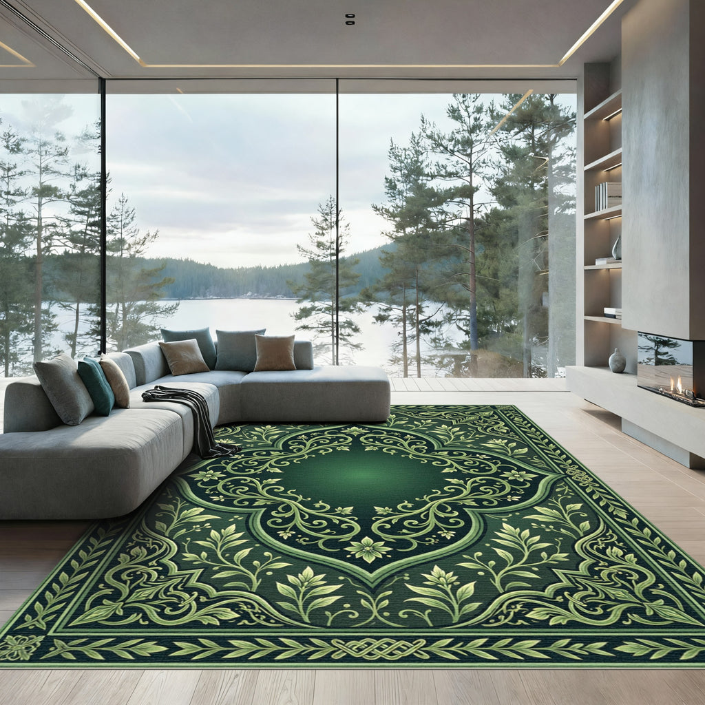 Dark Emerald Floral Scroll Medallion Rug