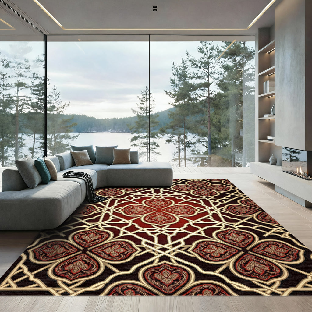 Crimson Gold Quatrefoil Geometric Rug