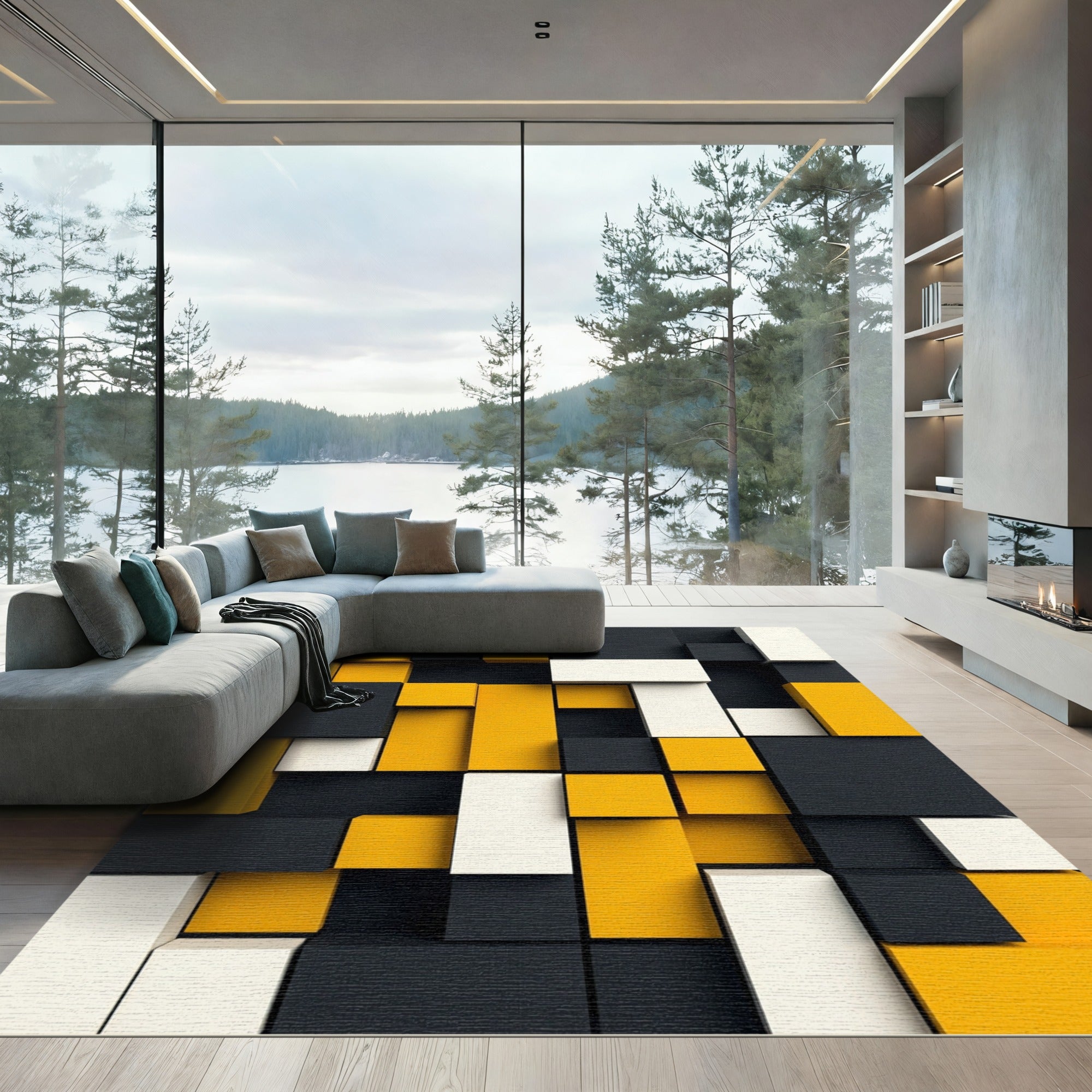 Modern Yellow Black White Geometric Block Rug