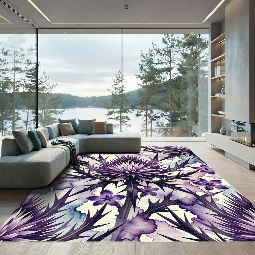 Gothic Purple Thistle Watercolor Floral Art Rug