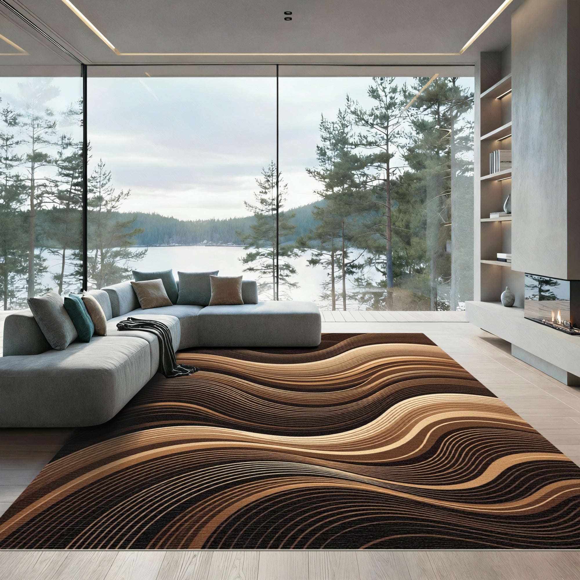 Warm Bronze Abstract Wavy Lines Rug