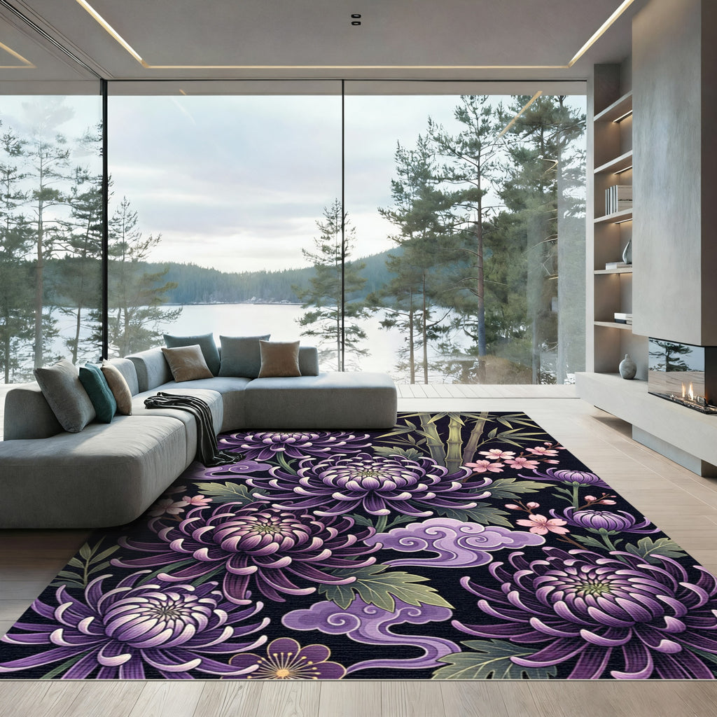 Purple Chrysanthemum Bamboo Cloud Floral Rug