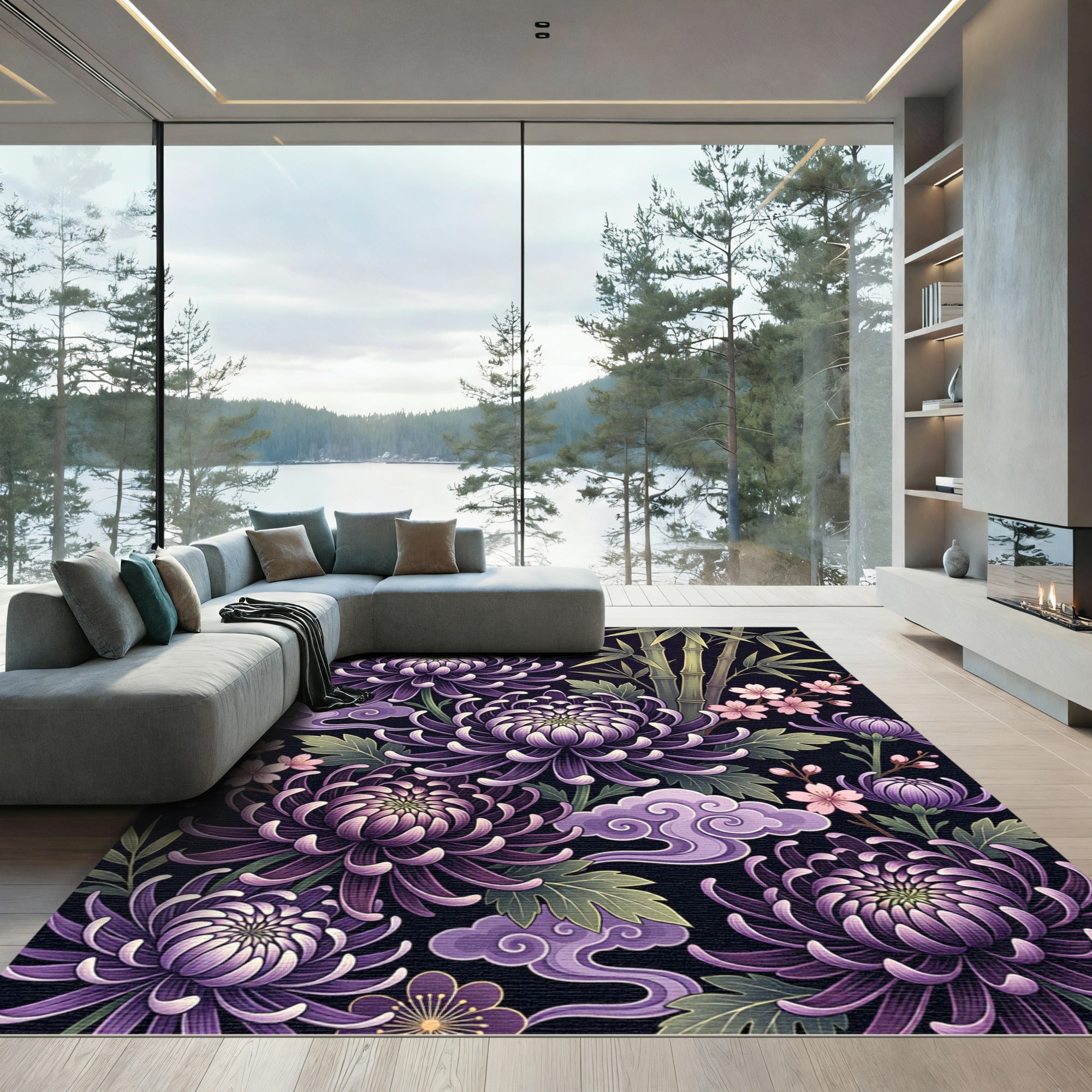 Purple Chrysanthemum Bamboo Cloud Floral Rug