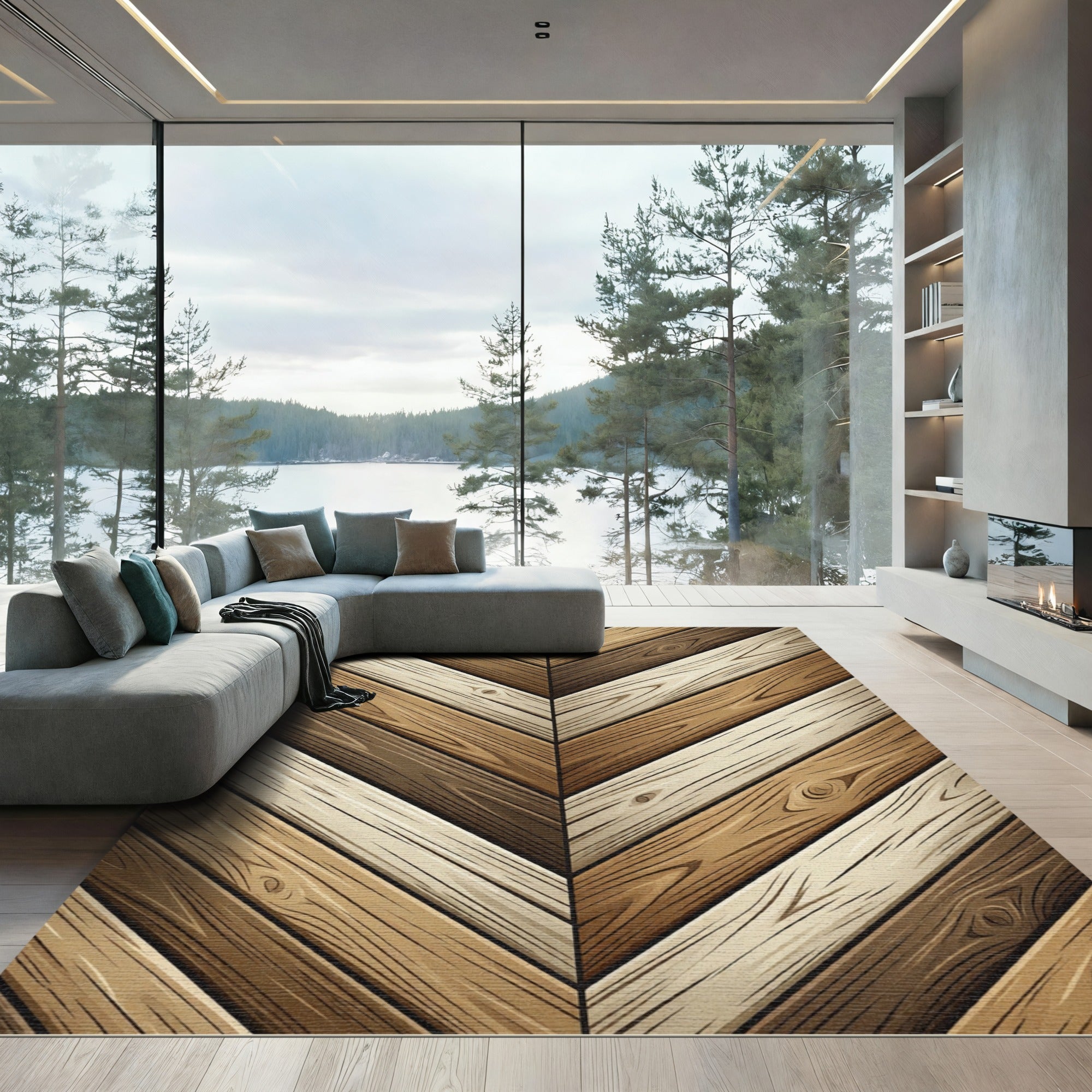 Chevron Earthy Tone Wood Plank Effect Rug