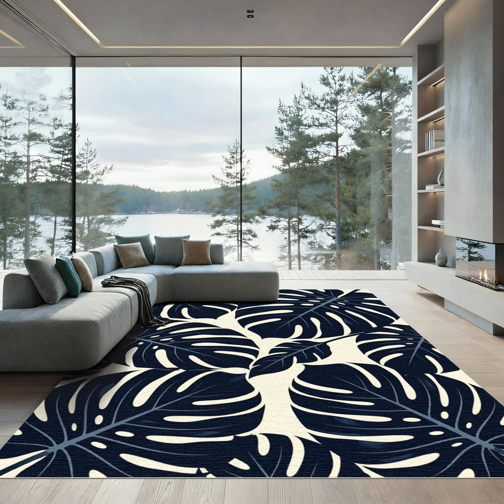 Deep Navy Monstera Tropical Leaves Rug