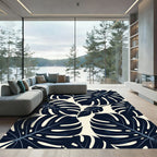 Deep Navy Monstera Tropical Leaves Rug