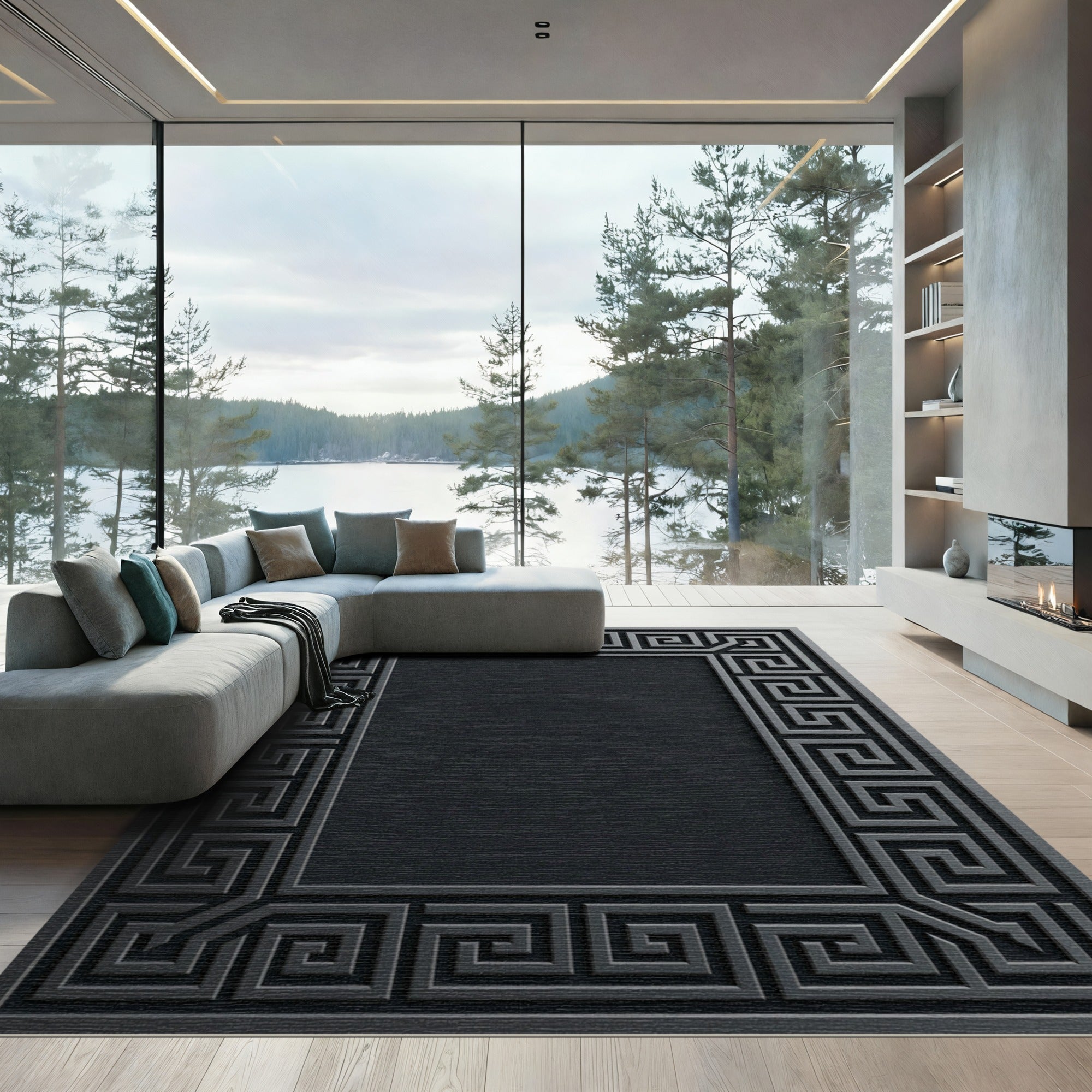 Dark Gray Square Greek Key Rug