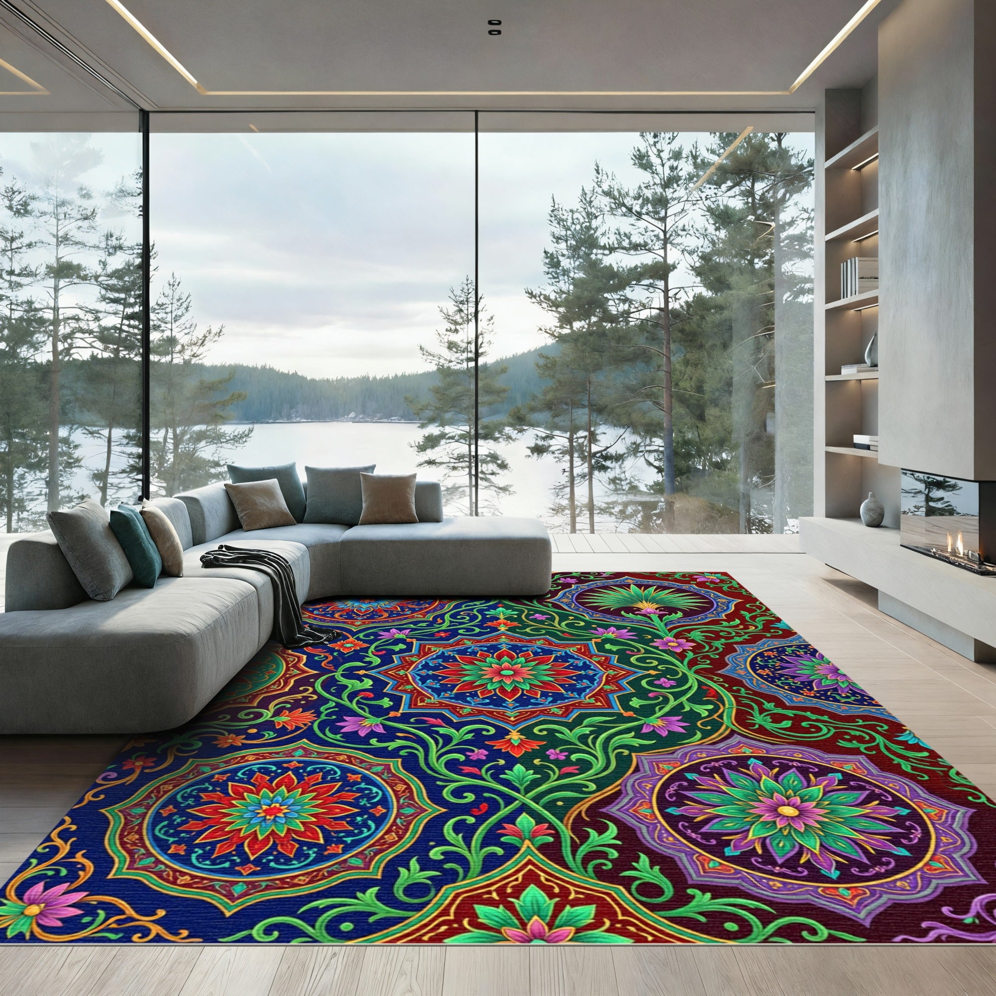 Vibrant Floral Medallion Indigo And Emerald Rug