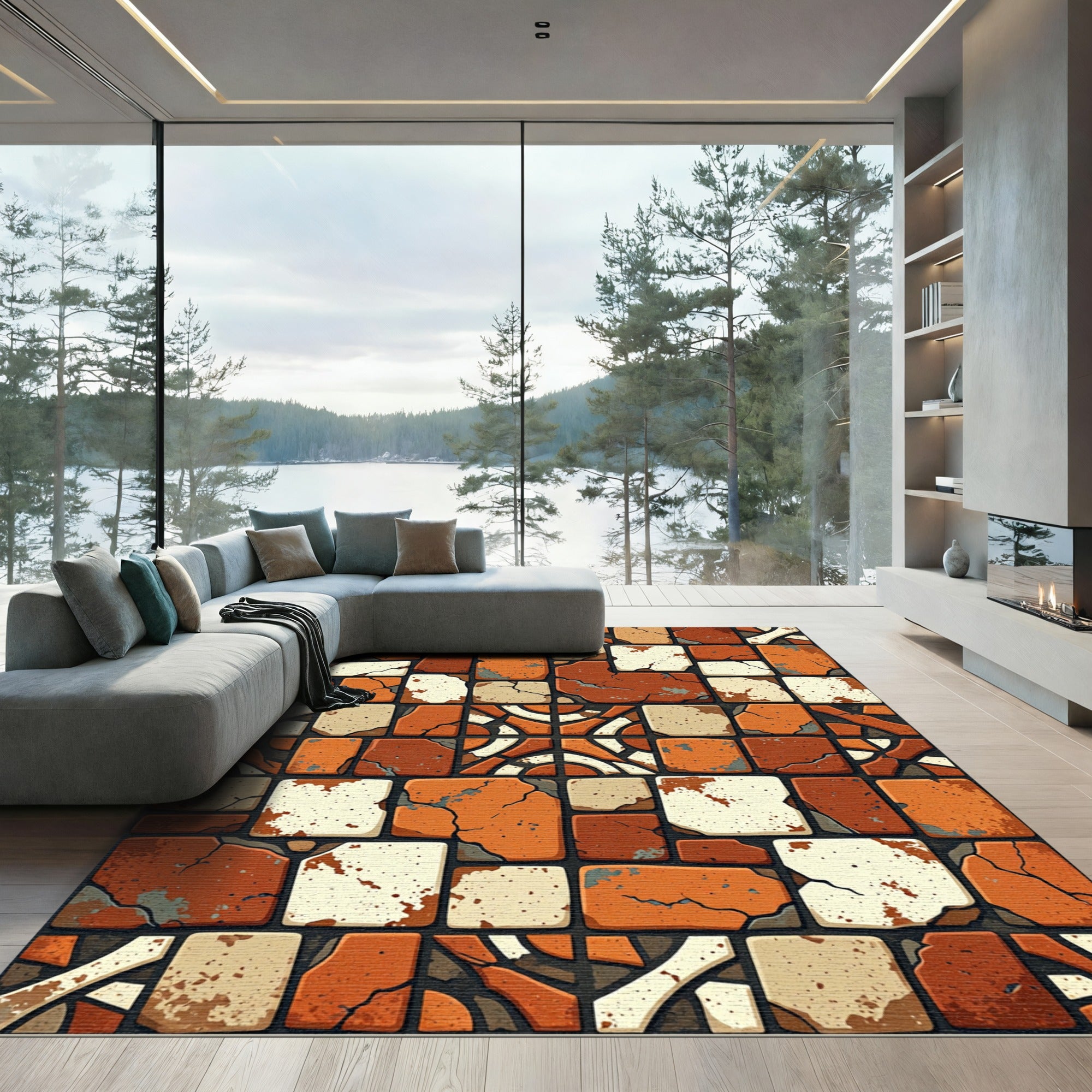 Rustic Terracotta Cracking Tile Mosaic Rug