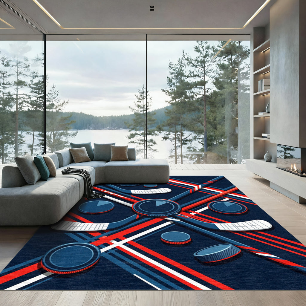 Dynamic Navy Red Hockey Stick Abstract Rug