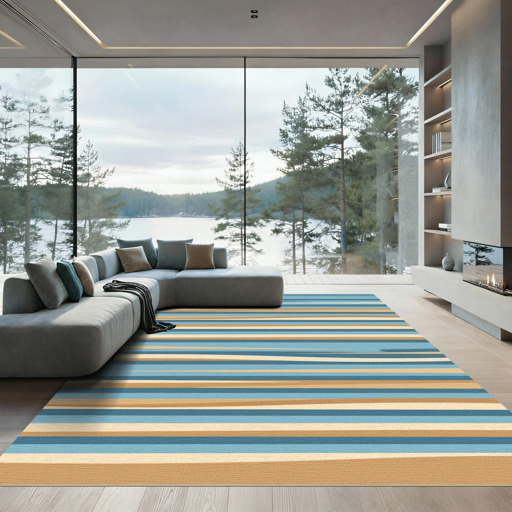 Earthy Blue Horizontal Linear Layered Rug