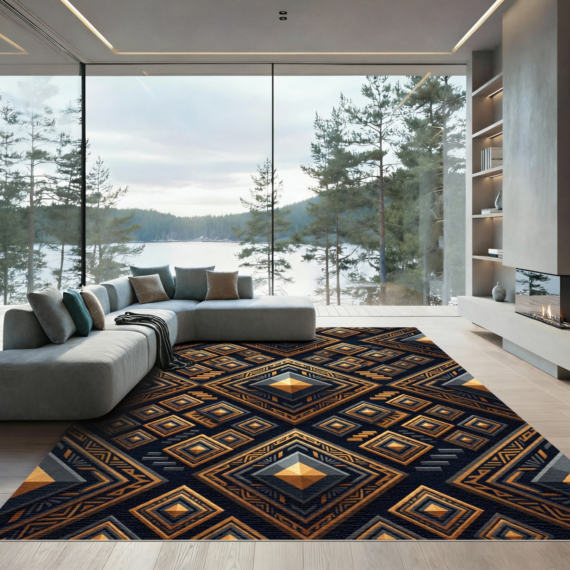 Golden Geometric Diamond Onyx Rug