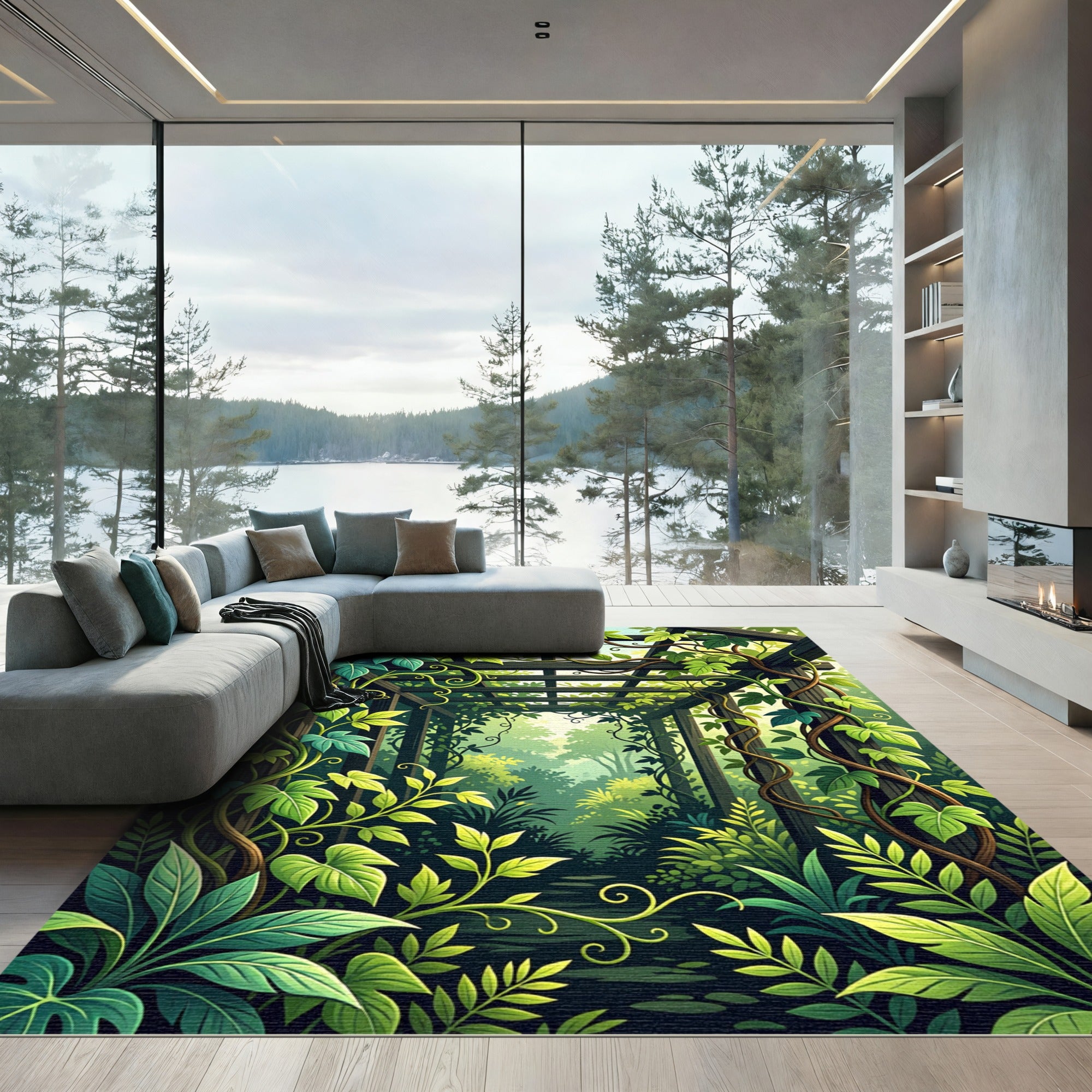 Lush Green Tropical Foliage Pergola Rug