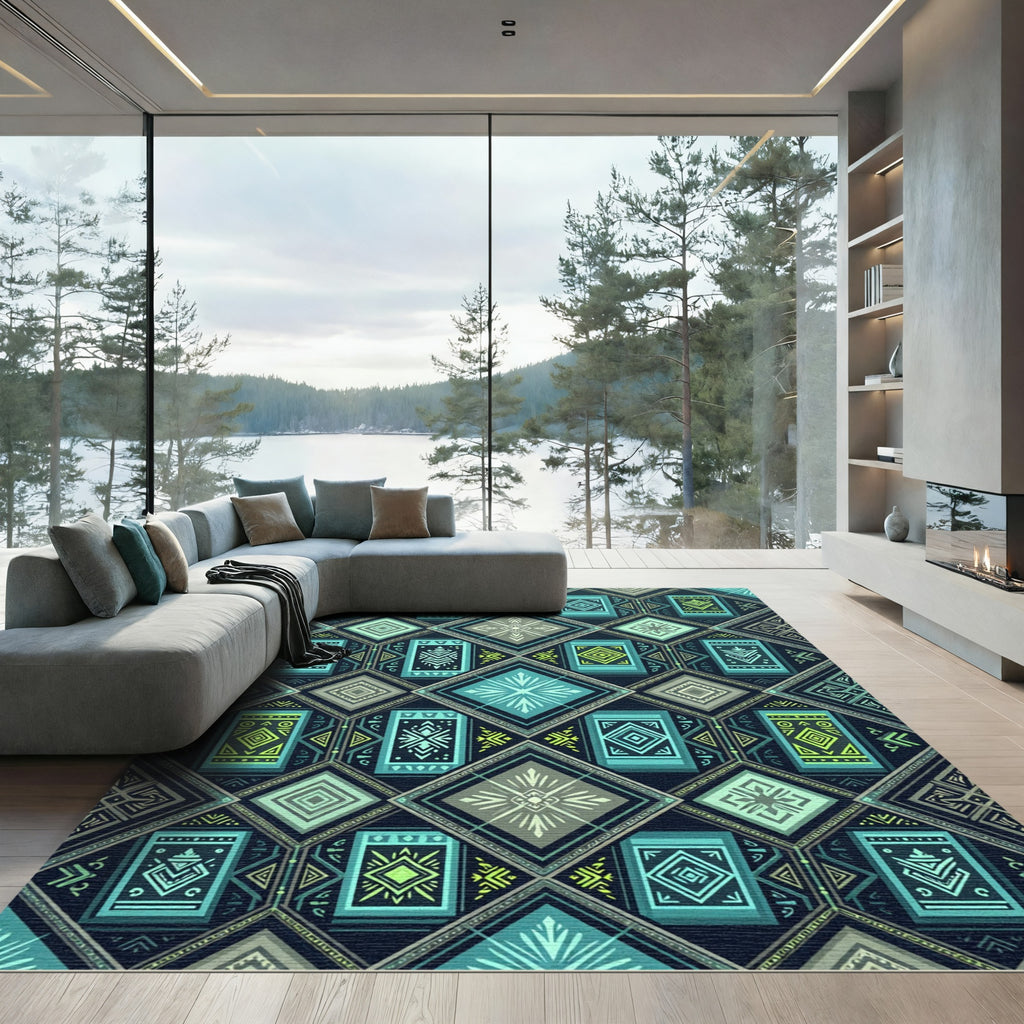 Teal And Lime Geometric Diamond Arrangement Rug