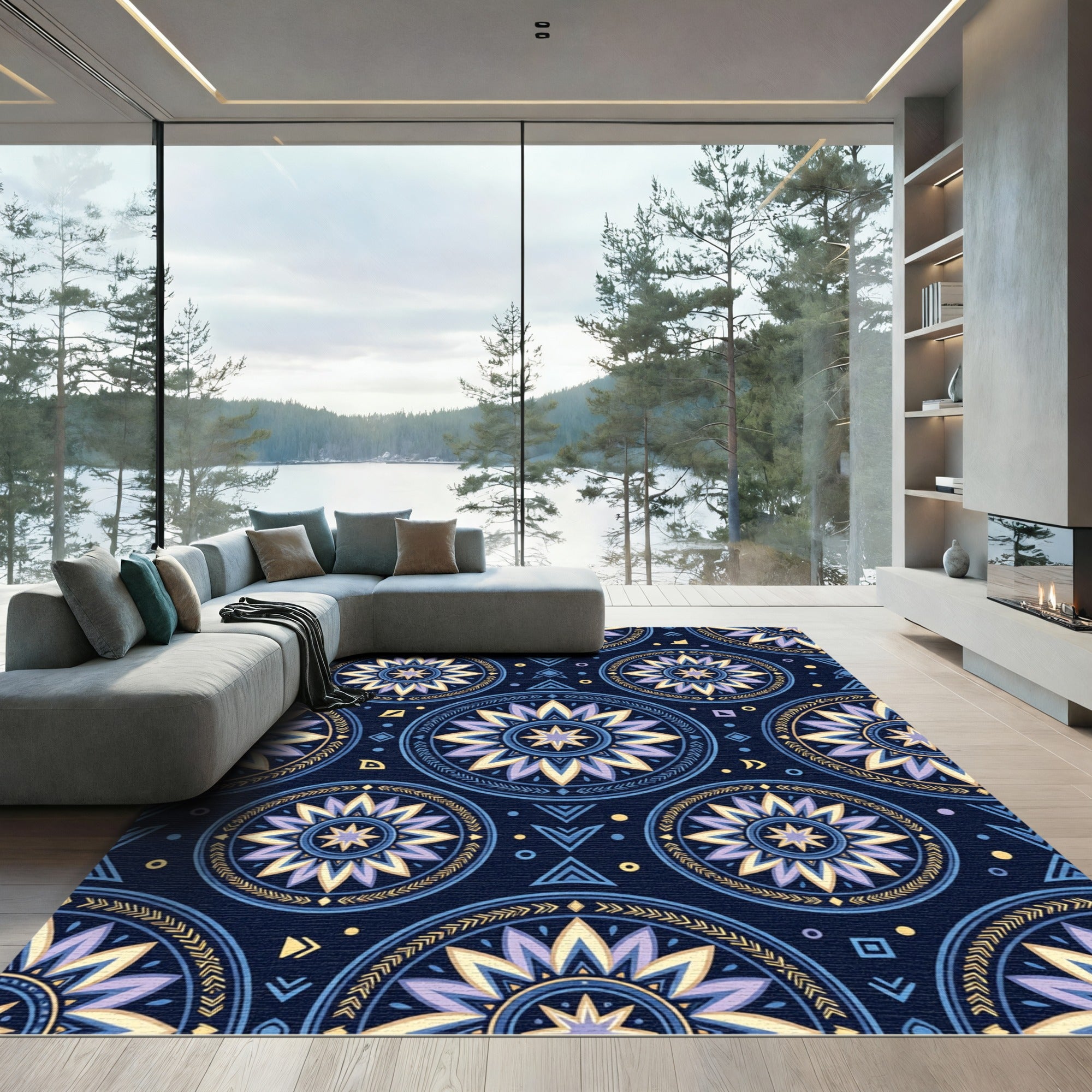 Celestial Blue Golden Floral Mandala Rug
