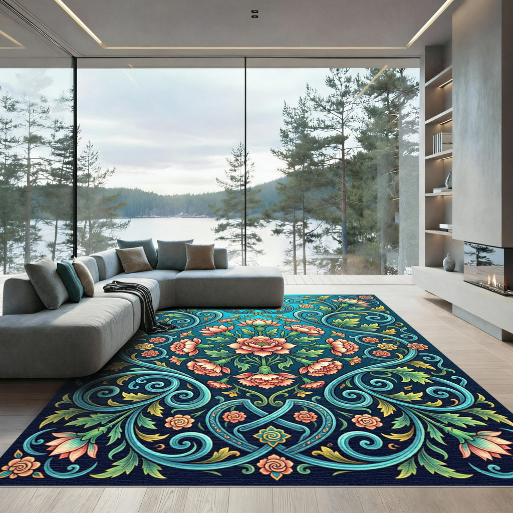 Coral Garden Floral Scroll Rug