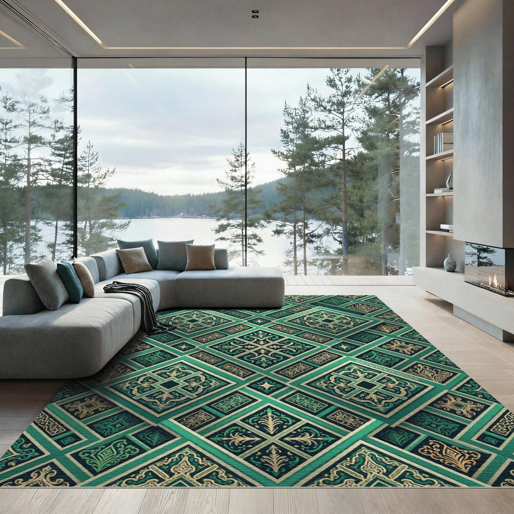 Emerald Geometric Ornate Jeweled Tile Rug