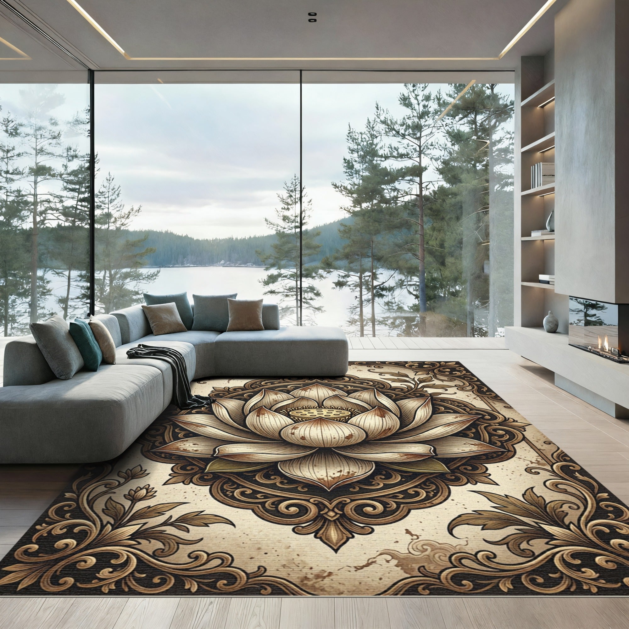 Elegant Vintage Sepia Lotus Medallion Rug