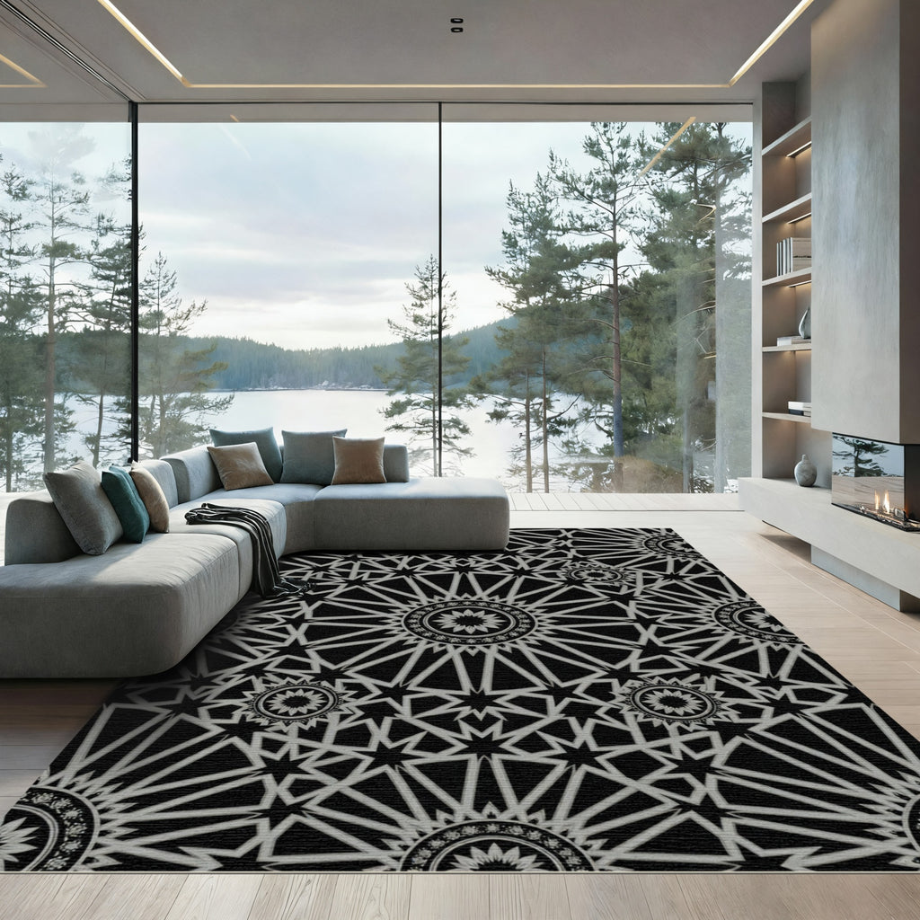 Monochrome Geometric Starburst Mandala Rug