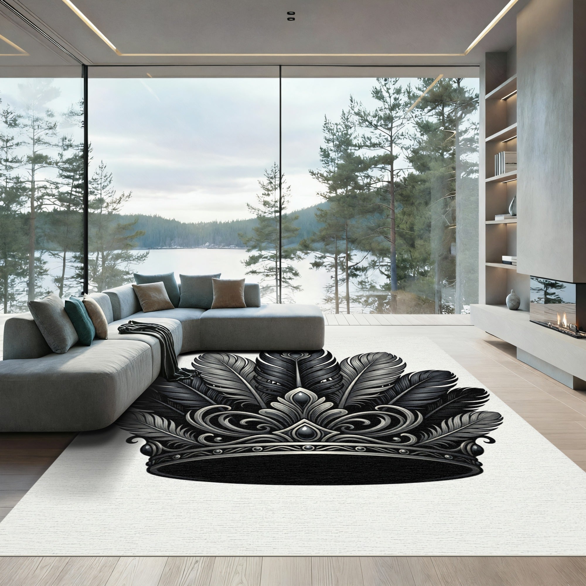 Elegant Monochrome Feather Coronet Accent Rug