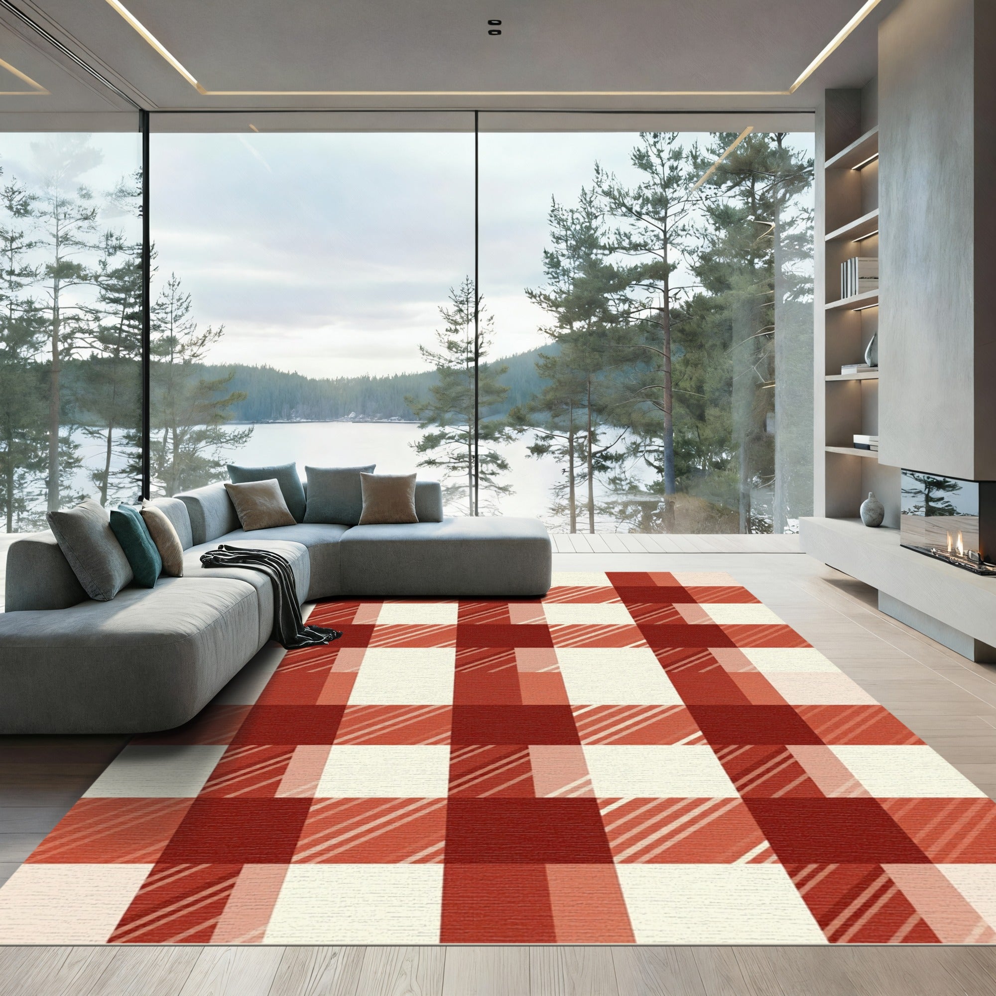 Classic Red and Cream Gingham Check Rug