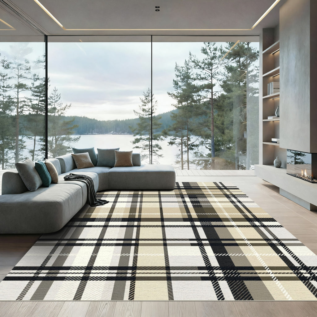 Modern Neutral Beige Plaid Grid Rug