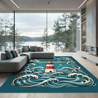 Coastal Red White Lighthouse Amidst Waves Rug