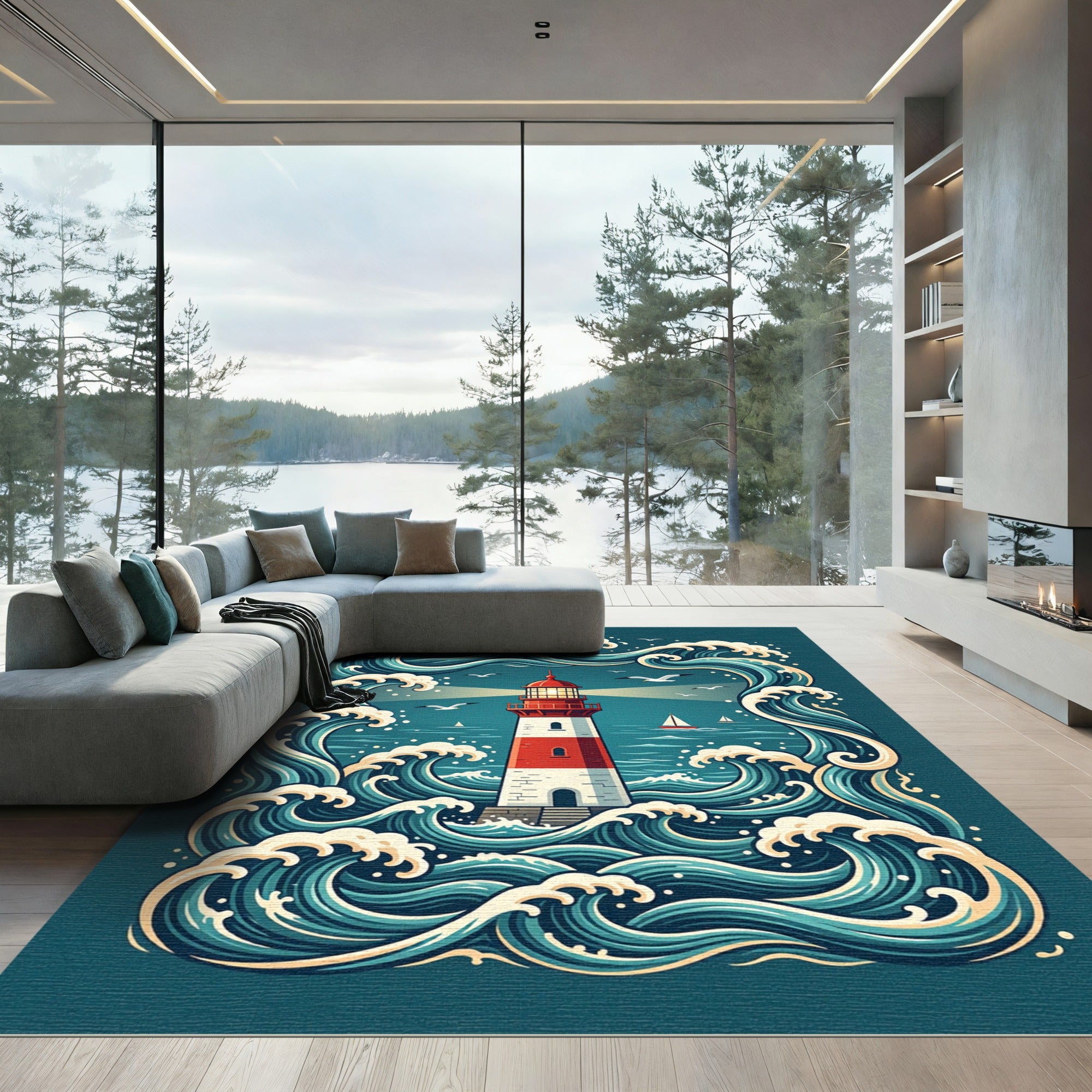 Coastal Red White Lighthouse Amidst Waves Rug