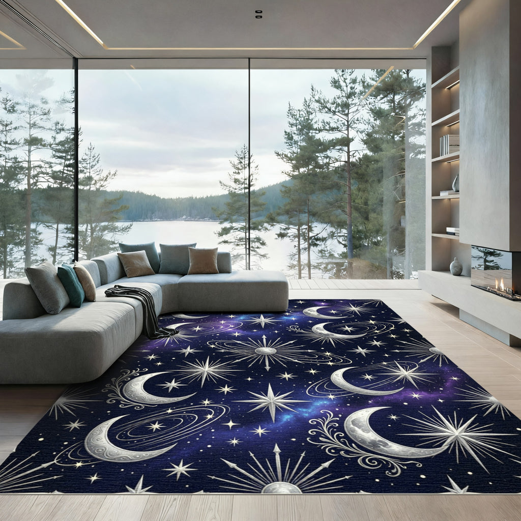 Celestial Silver Moon and Starry Night Rug