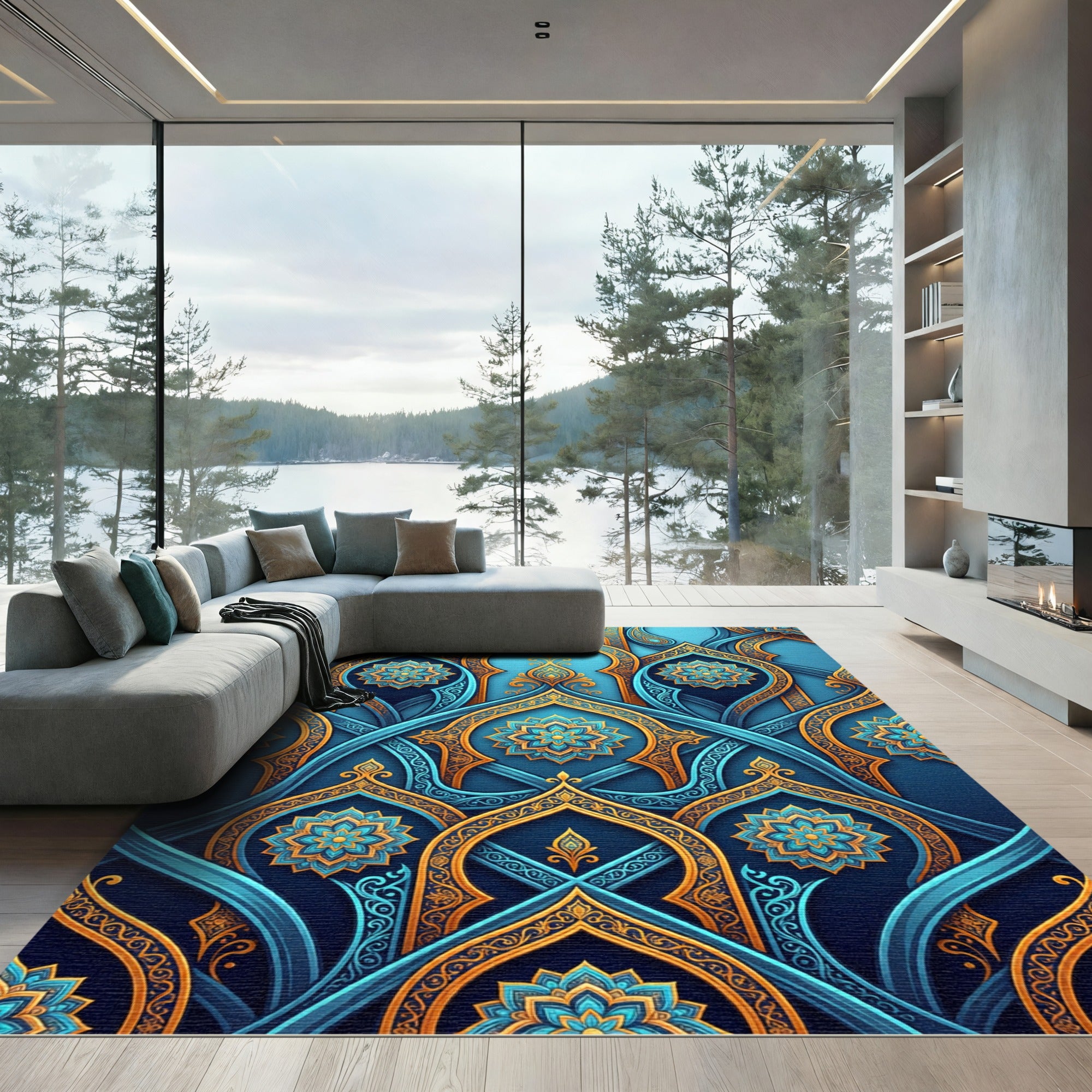 Azure Gold Arabesque Medallion Weave Rug
