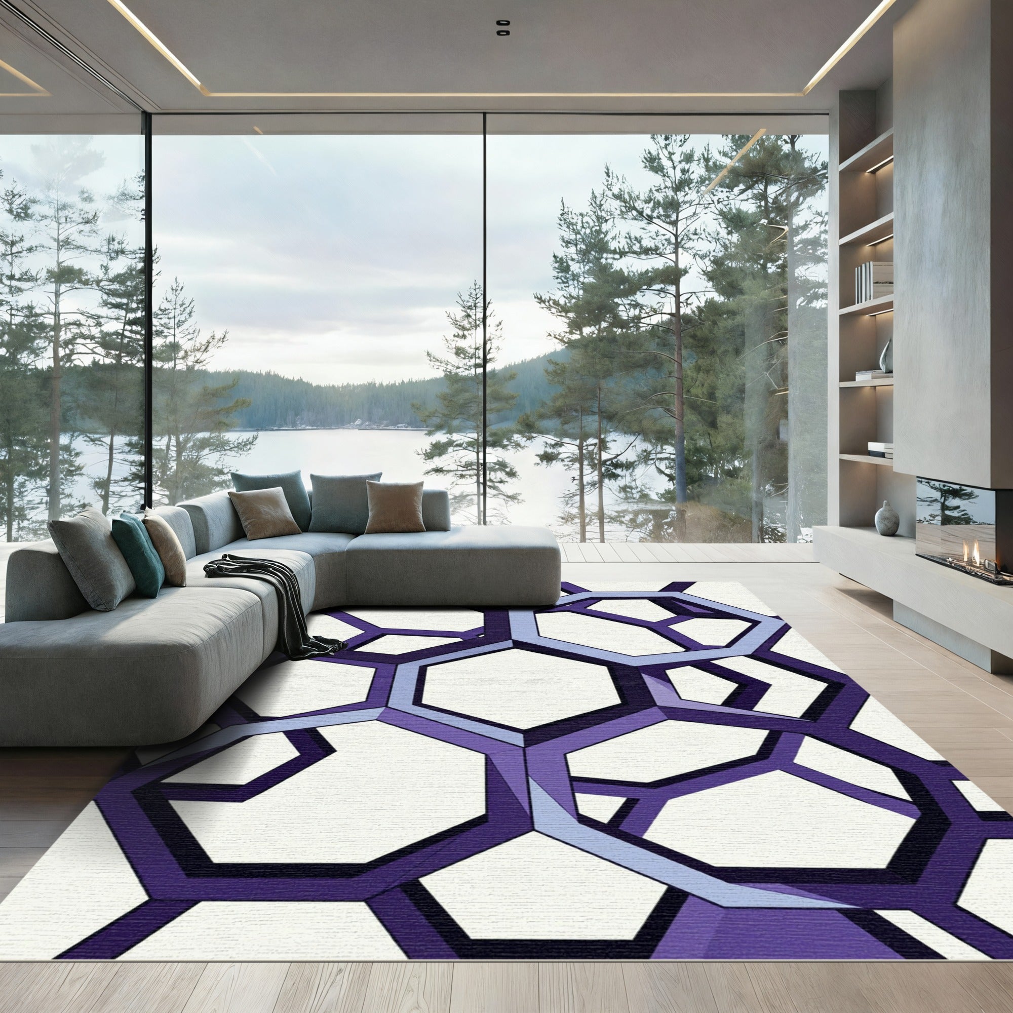 Geometric Purple Hexagon Linked Lattice Rug